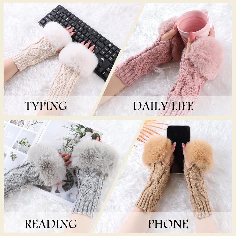 Women's Navy Winter Arm Warmers Wrist Thumb Hole Faux Fur Fingerless Gloves - Picture 5 of 6